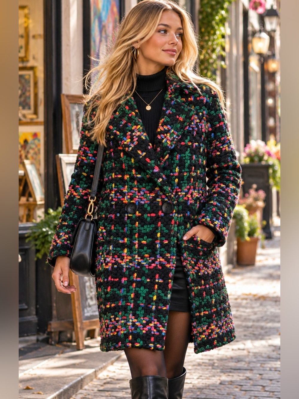 Anthropologie Pepaloves Coat M Black Multicolor Boucle Tweed Double Breasted Art